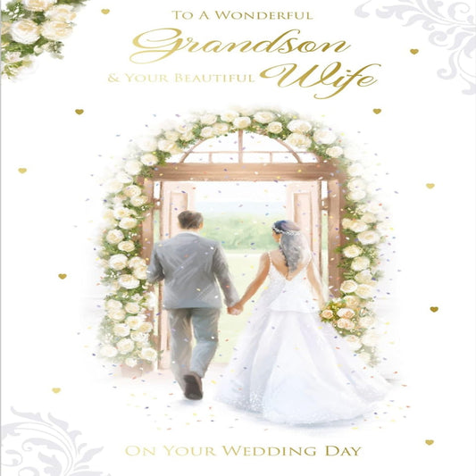 Wedding Card for Grandson & Wife | Elegant Paper Rose Congratulations Card   -  228  x  153mm