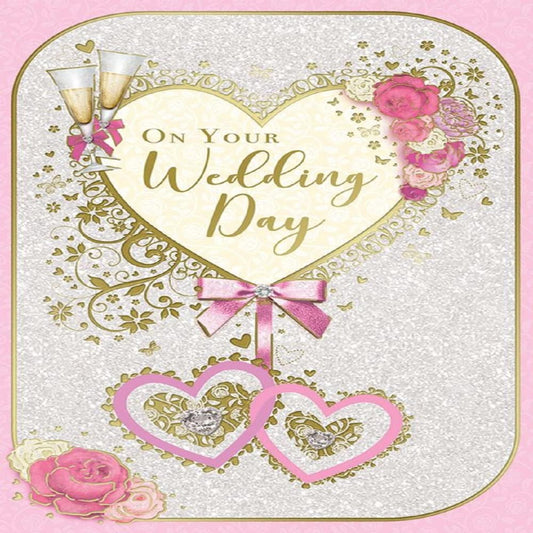 Wedding Day Card with Champagne Glasses & Flowers | Includes Envelope  -   137 x 195mm