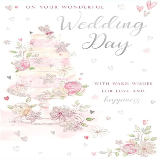 Wedding Day Card   –   Pink Floral Cake with Hearts & Silver Foil   -   9  x 6  inches