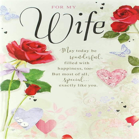 Wife Birthday Card with Red Roses & Butterflies    -    Silver Text  |  Red Roses    -   9 x 6 inches