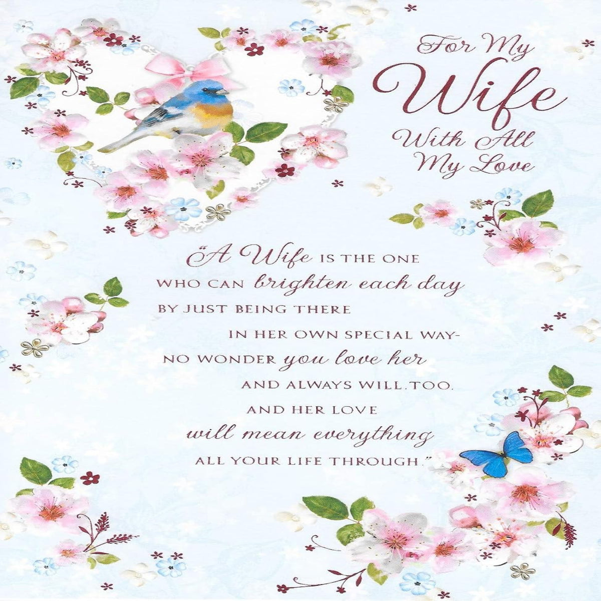Wife Birthday Card with Pretty Birds Design   –   9 x 6 inches