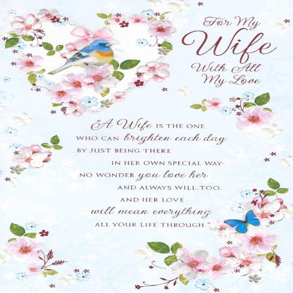Wife Birthday Card with Pretty Birds Design   –   9 x 6 inches