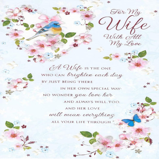 Wife Birthday Card with Pretty Birds Design   –   9 x 6 inches