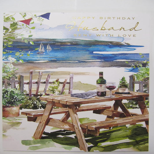 Wonderful  Colourful Husband Birthday Card  -  Relaxing Beach Design Greeting Card   -  9  x  6 inches