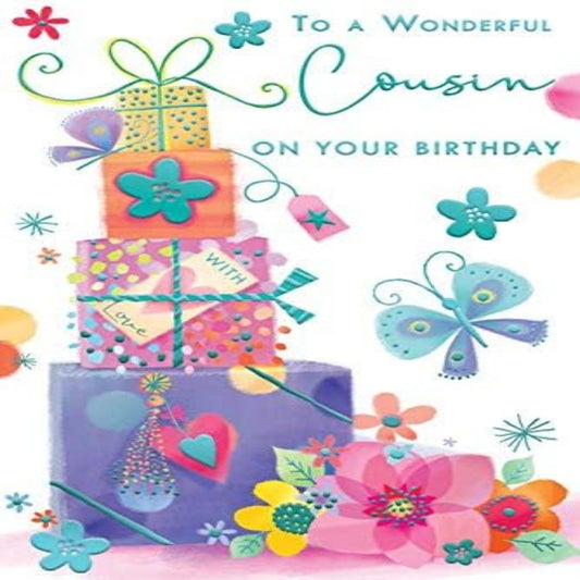 Wonderful Cousin Birthday Card with Flowers & Presents   -  Lovely Verse  -  15.2cm  x  22.8cm