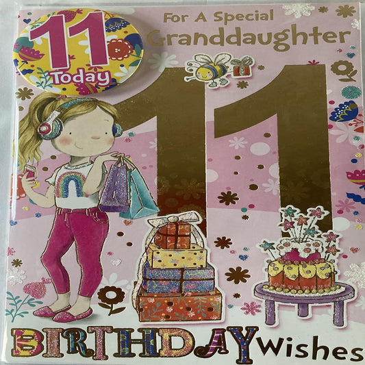 Xpress Yourself 11th Birthday Card for Granddaughter with Badge  -  22cm x 15cm