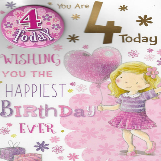 Xpress Yourself 4th Birthday Card with Badge   –   You Are 4 Today   -    9  x  6 inches