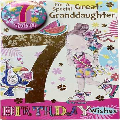 Xpress Yourself 7th Birthday Card for Great-Granddaughter with Badge  -  210 x 290 mm