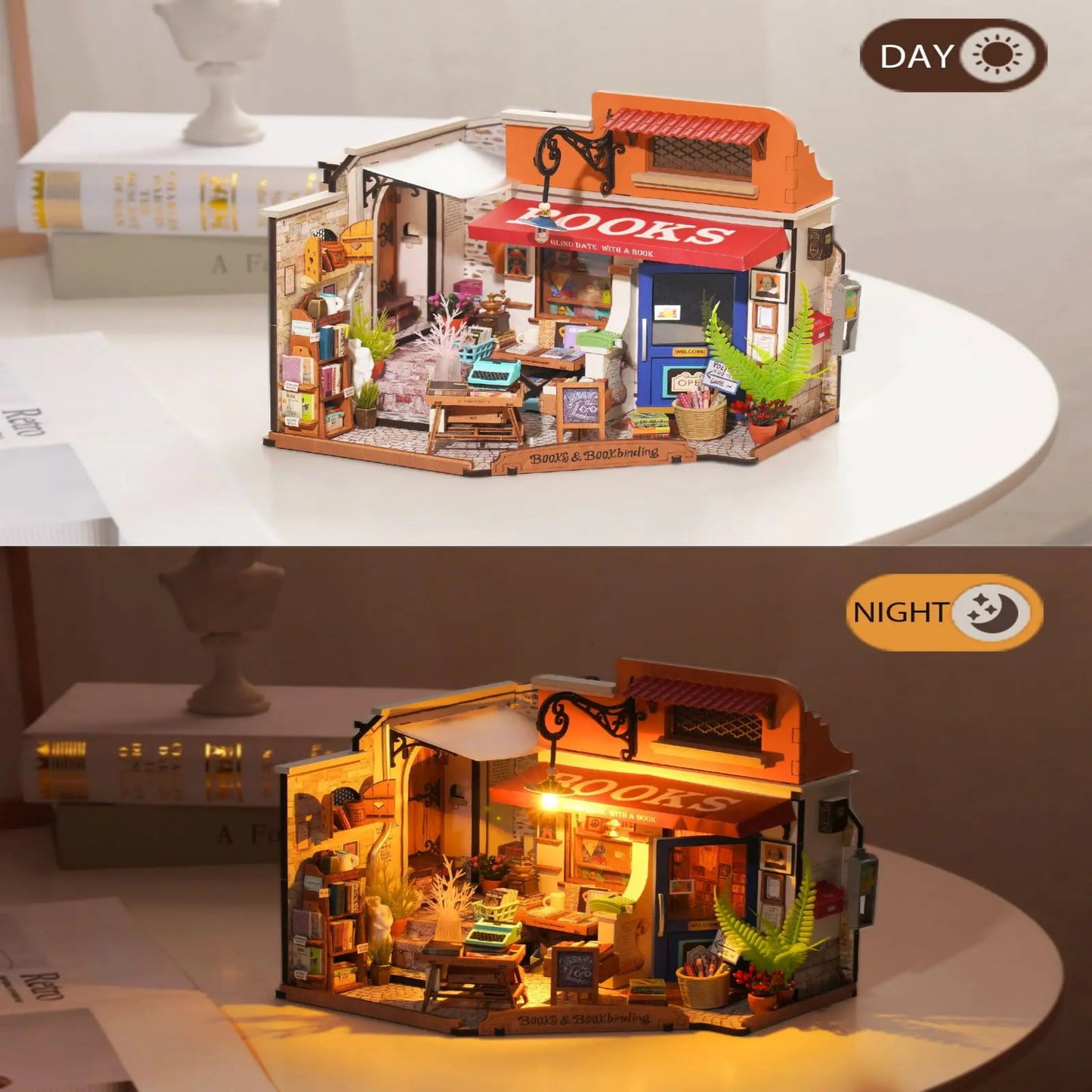 Miniature House Kit DIY Dollhouse Corner Bookstore with LED DIY Dollhouse Craft Kits for Adults Birthday for Women Kids