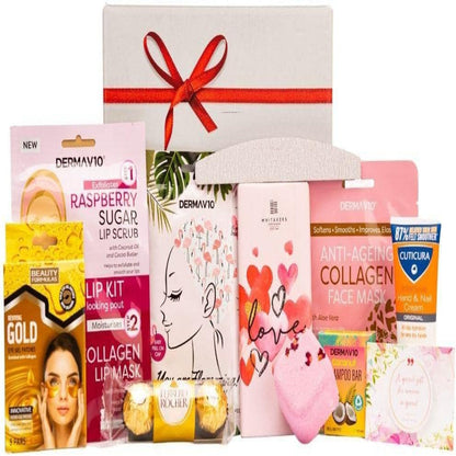 Spa Time Pamper Gift Box, Hair Mask, Face Mask, Lip Scrub, Hand Cream, Shower Steamer, Shampoo Bar, Hand Cream, Eye Patch.