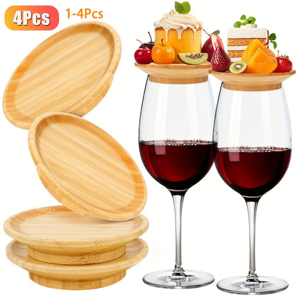 1-4Pcs Wine Glass Charcuterie Topper, Bamboo Wine Glass Covers for Appetizers Wine Glass Topper Coasters Plate for Bars Party
