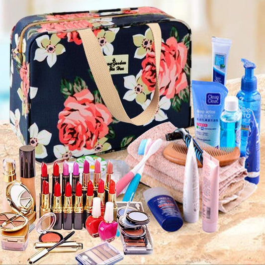 Toiletry Bag for Women Portable Cosmetic Bag Large Toiletries Organizer Storage Navy Rose Toiletry Kit Leakproof Travel Make up for Girls Floral Cosmetic Case (Navy Rose)