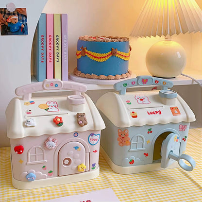 Money Box Piggy Bank Creative Cartoon Design Cute Little House Depositable Large Capacity Plastic Money Box