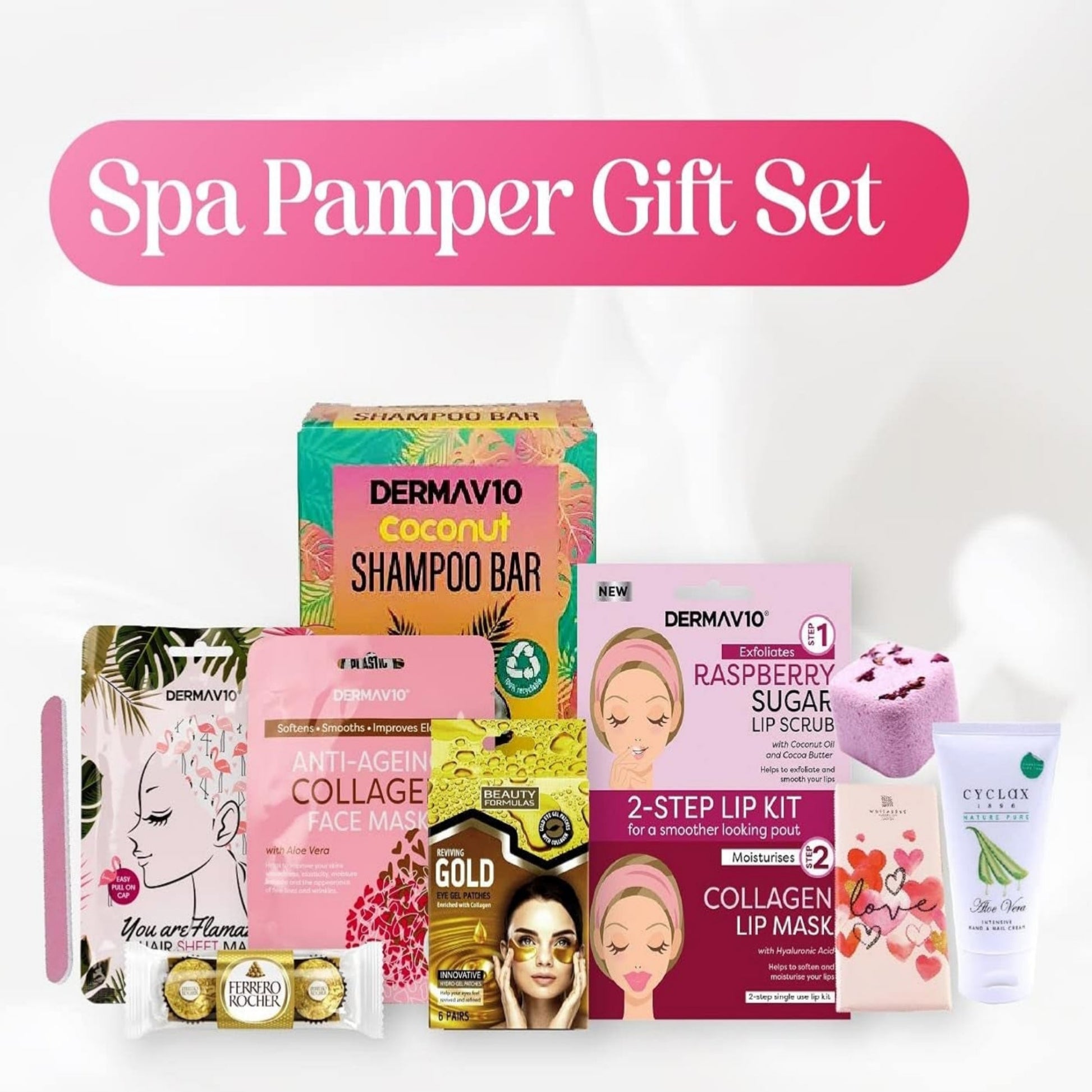 Spa Time Pamper Gift Box, Hair Mask, Face Mask, Lip Scrub, Hand Cream, Shower Steamer, Shampoo Bar, Hand Cream, Eye Patch.