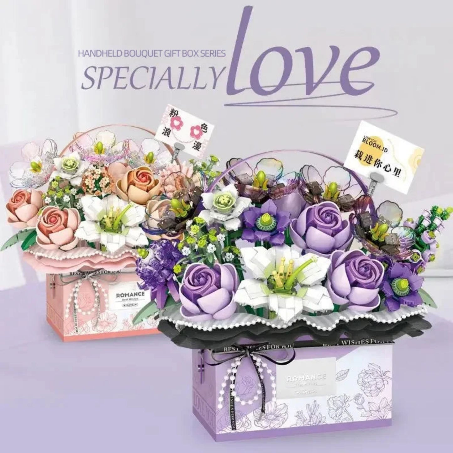 Creative Pink Rose Basket Bouquet Building Blocks Portable Flower Bouquet Gift Box Series Model Bricks Girls Gifts Kids Toys