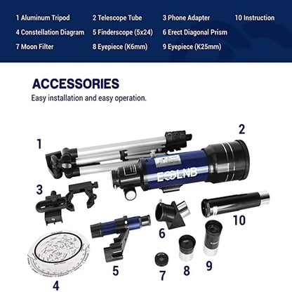 70Mm Aperture Refractor Telescopes (15X-180X) for Astronomy Beginners, Portable Travel Telescope with Phone Adapter