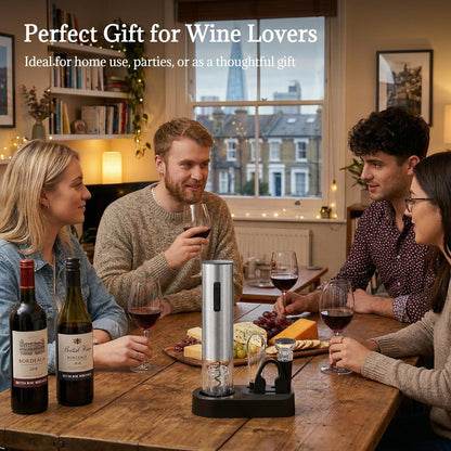 Vinolux Rechargeable Wine Opener Set – Electric Corkscrew with Foil Cutter, LED Light & Stainless Steel Shell, Wine Aerator Pourer, Vacuum Stopper & Base – Gift for Wine Lovers