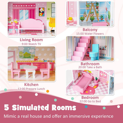 Kids Wooden Dollhouse DIY Pretend for Toddlers 3-7 Years Old