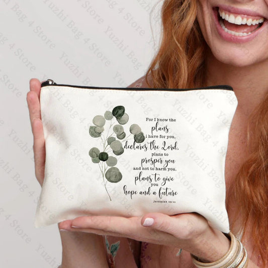 Bible Scripture Jeremiah 29:11 for I Know the Plans Watercolor Eucalyptus Leaf Pattern Makeup Cosmetic Bag Christian Religious