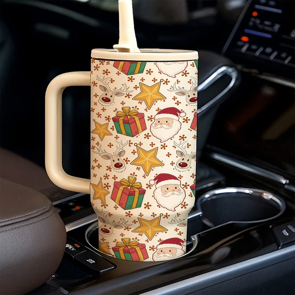 1PC 40Oz Christmas Insulated Tumbler with Handle & Lid, Santa Claus, Candy Cane, Christmas Tree & Holiday Print, Double Wall Stainless Steel Travel Coffee Mug, Large Capacity Cup for Home, Office, Travel, Christmas Gift