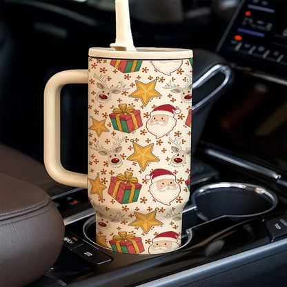 1PC 40Oz Christmas Insulated Tumbler with Handle & Lid, Santa Claus, Candy Cane, Christmas Tree & Holiday Print, Double Wall Stainless Steel Travel Coffee Mug, Large Capacity Cup for Home, Office, Travel, Christmas Gift