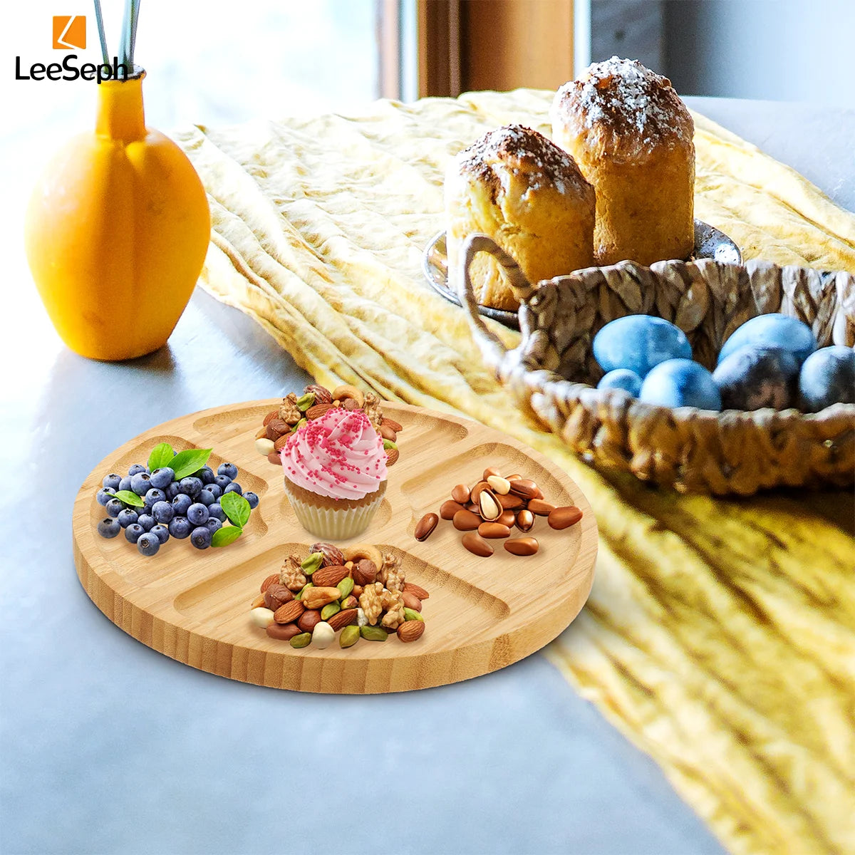 Bamboo round 5 Compartment Serving Tray, Ideal for Snacks, Fruits, Nuts, Wooden Plate with Dividers for Party Platters