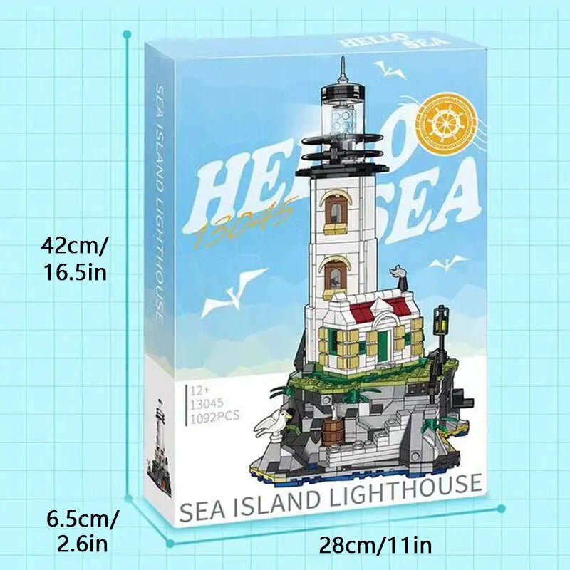 1092PCS Sea Island Electric Lighthouse Building Blocks Fisherman'S Hut Light House Assembly Model Idea Decoration Kids Toys Gift