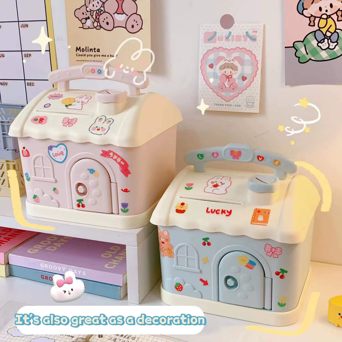 Money Box Piggy Bank Creative Cartoon Design Cute Little House Depositable Large Capacity Plastic Money Box