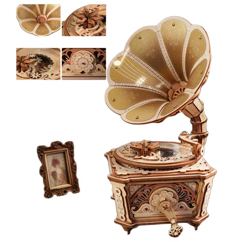 Spot Official Qiyun Phonograph Music Box DIY Handmade Music Puzzle Assembly Building Block Model for Girls' Birthday Gift