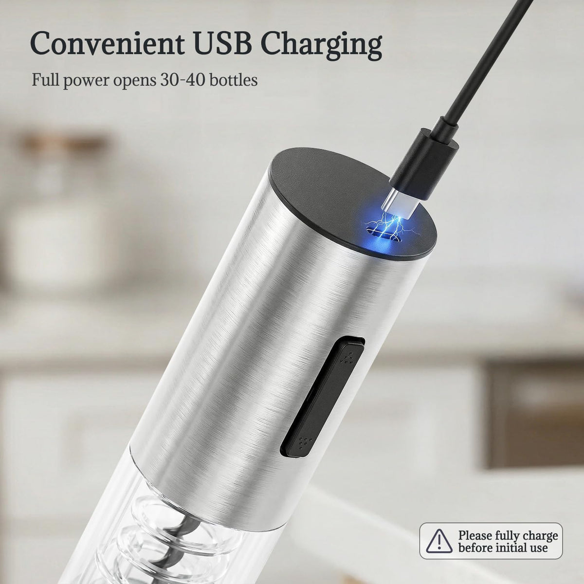Vinolux Rechargeable Wine Opener Set – Electric Corkscrew with Foil Cutter, LED Light & Stainless Steel Shell, Wine Aerator Pourer, Vacuum Stopper & Base – Gift for Wine Lovers