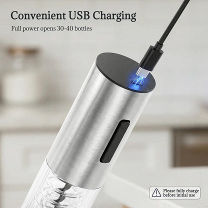 Vinolux Rechargeable Wine Opener Set – Electric Corkscrew with Foil Cutter, LED Light & Stainless Steel Shell, Wine Aerator Pourer, Vacuum Stopper & Base – Gift for Wine Lovers