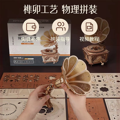 Spot Official Qiyun Phonograph Music Box DIY Handmade Music Puzzle Assembly Building Block Model for Girls' Birthday Gift