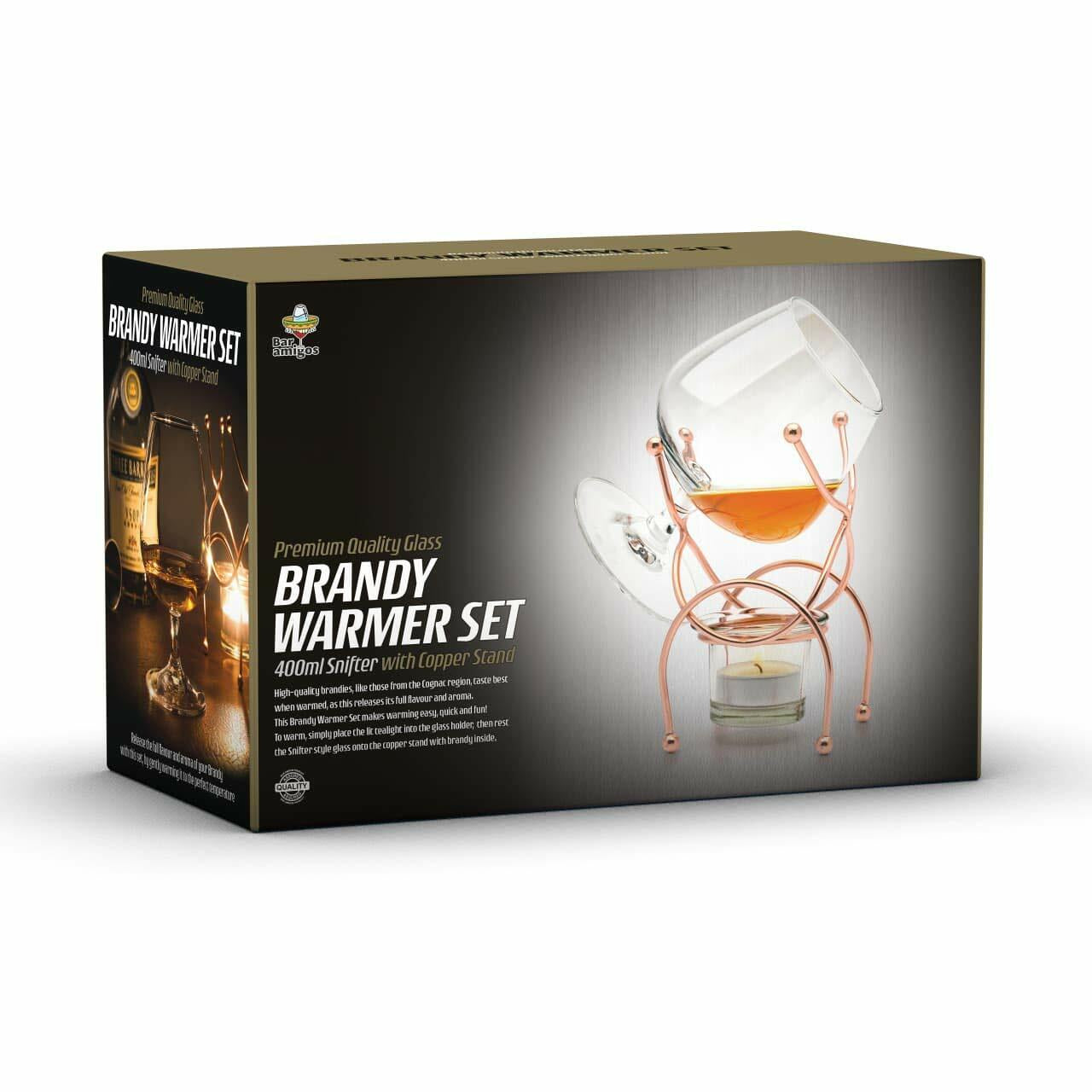 Brandy Cognac Snifter WARMER Glass & Copper Stand Gift Boxed Tumbler Bar Set UK