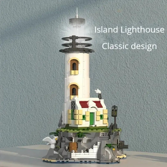 1092PCS Sea Island Electric Lighthouse Building Blocks Fisherman'S Hut Light House Assembly Model Idea Decoration Kids Toys Gift
