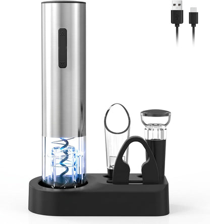 Vinolux Rechargeable Wine Opener Set – Electric Corkscrew with Foil Cutter, LED Light & Stainless Steel Shell, Wine Aerator Pourer, Vacuum Stopper & Base – Gift for Wine Lovers