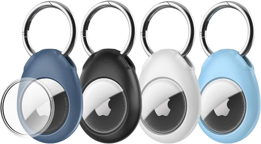 [4-Pack] Airtag Holder, Keyring for Airtag for Keys, Bags, Luggage, Pet Collars, Dustproof Scratchproof Drop-Proof Design Solid Case for Air Tag (Black+White+Dark/Light Blue)