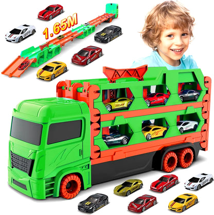 Expandable 1.65M Truck 6X Race Cars Toy for Boys Age 3+ Portable Transport Track Truck Vehicle Toy Set for Kids Gifts
