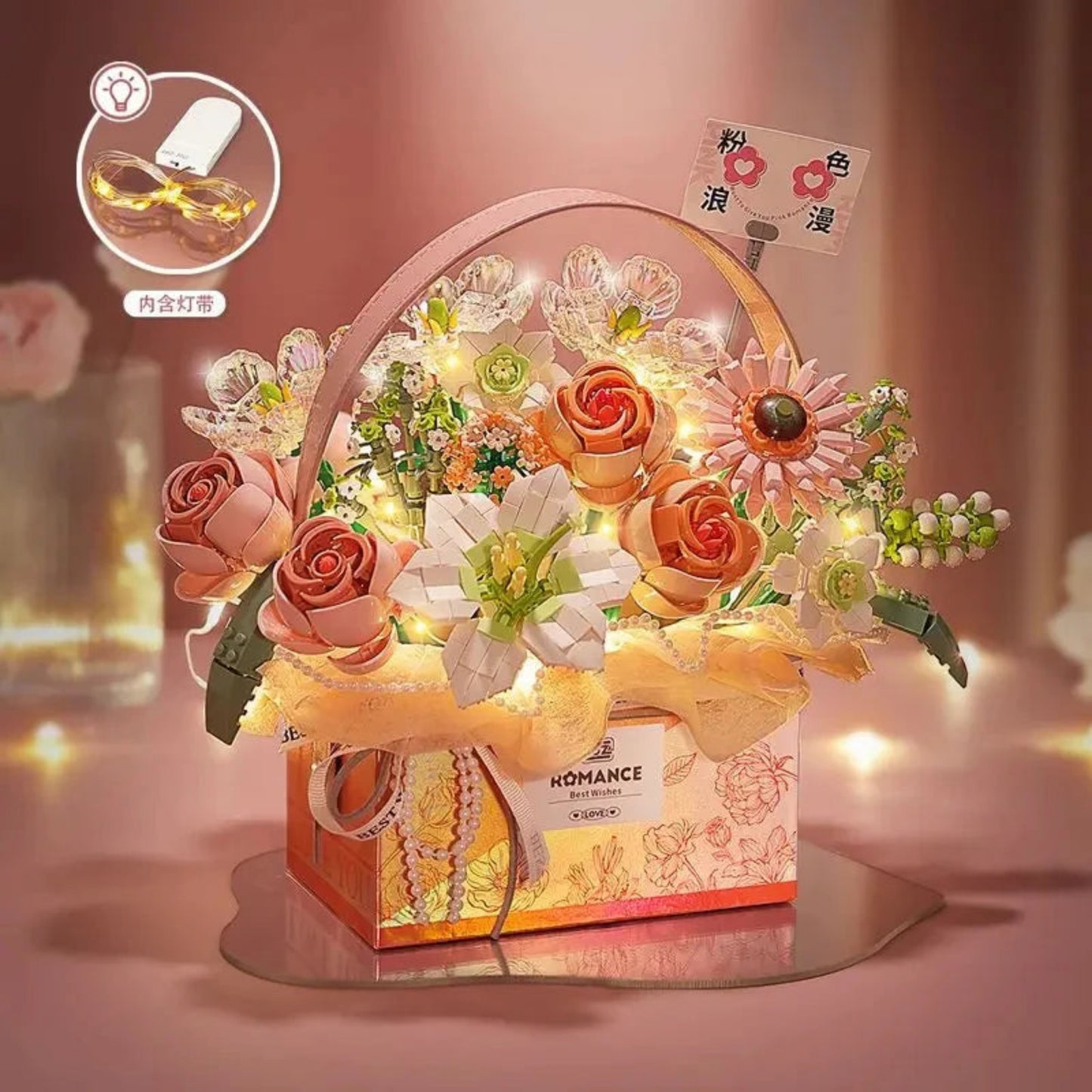 Creative Pink Rose Basket Bouquet Building Blocks Portable Flower Bouquet Gift Box Series Model Bricks Girls Gifts Kids Toys