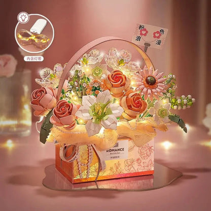 Creative Pink Rose Basket Bouquet Building Blocks Portable Flower Bouquet Gift Box Series Model Bricks Girls Gifts Kids Toys