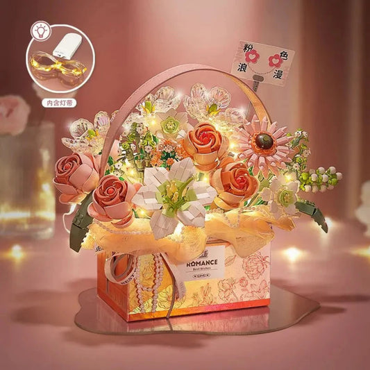 Creative Pink Rose Basket Bouquet Building Blocks Portable Flower Bouquet Gift Box Series Model Bricks Girls Gifts Kids Toys
