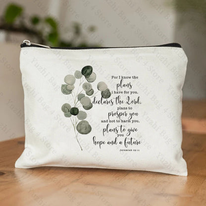 Bible Scripture Jeremiah 29:11 for I Know the Plans Watercolor Eucalyptus Leaf Pattern Makeup Cosmetic Bag Christian Religious
