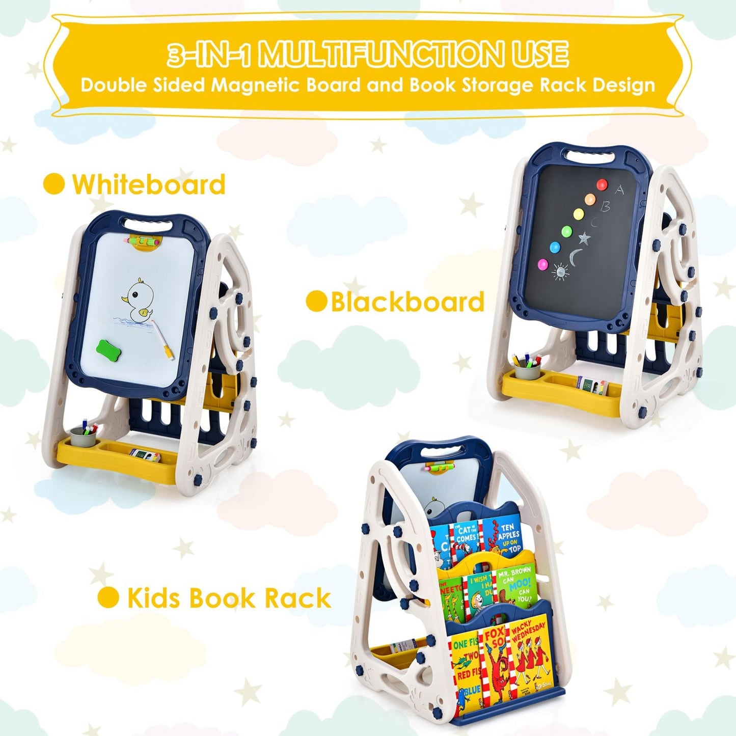 3-In-1 Kids Art Easel with Bookshelf Storage Tray and Art Accessories