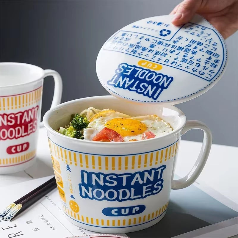 Hot Sale Ceramic Instant Noodle Bowl with Handle Large Capacity Instant Noodles Bowl Cute Design Instant Noodles Bowl with Lid