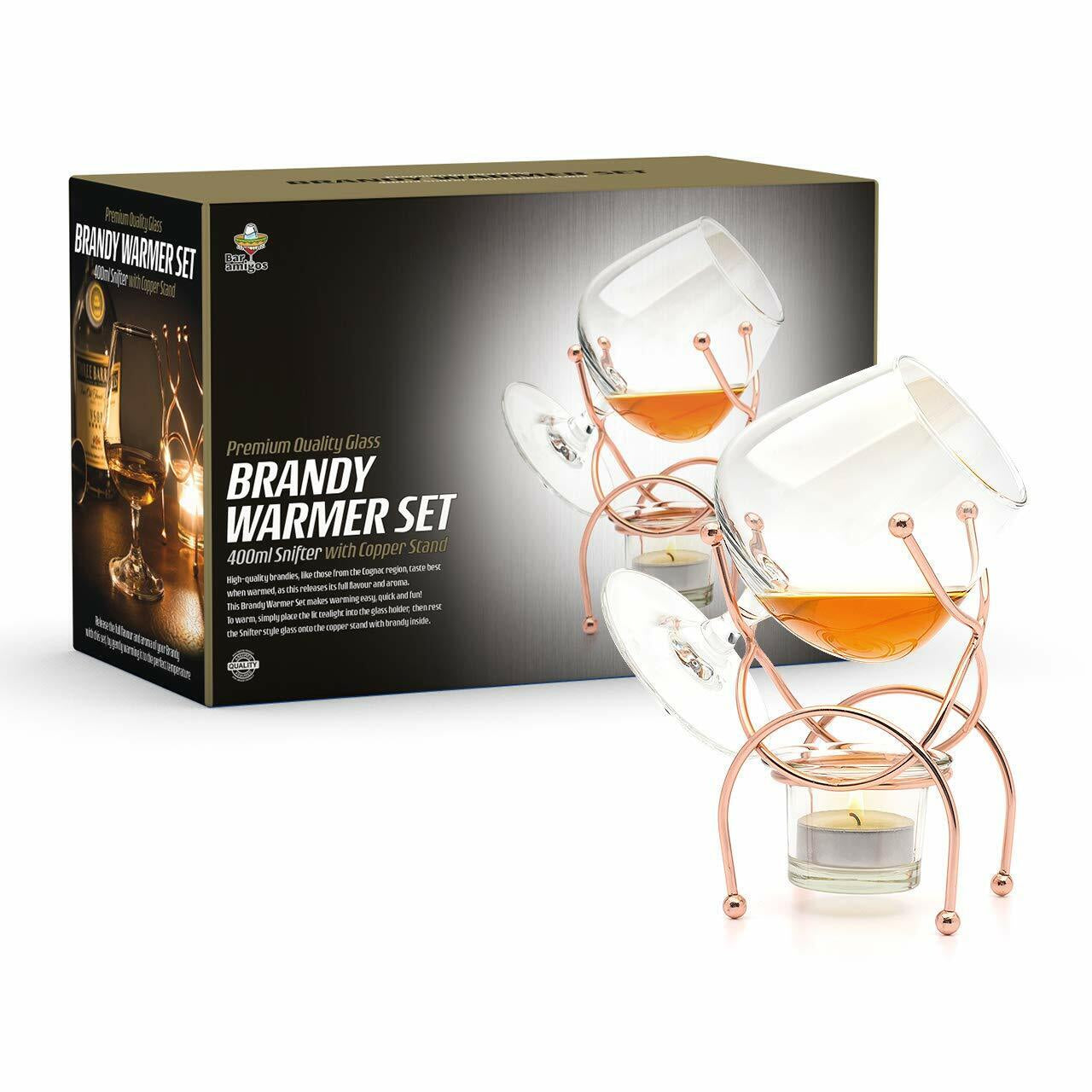 Brandy Cognac Snifter WARMER Glass & Copper Stand Gift Boxed Tumbler Bar Set UK