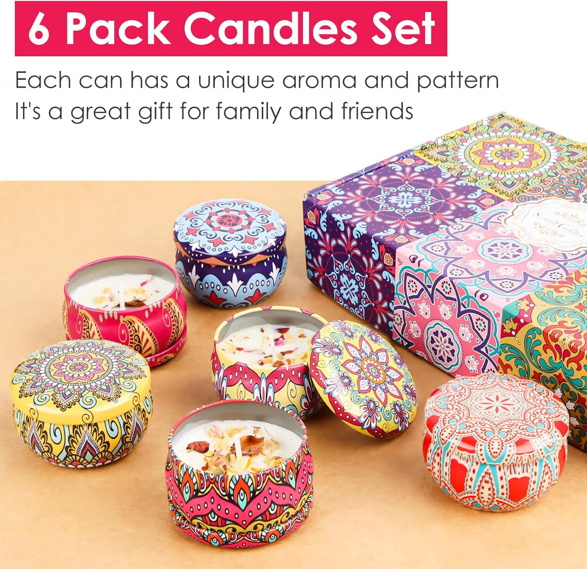 Scented Candles Gifts for Women, Pack of 6 Natural Aromatherapy Candles Set, Candles Gifts for Women, Portable Travel Tin Candles for Stress Relief and Relaxation of the Body for Women Gift