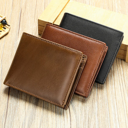 Handmade Cowhide Wallet Men'S Leather Short Anti-Theft Swipe Wallet Large Capacity Trend Wallet Men