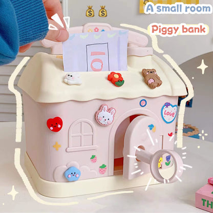 Money Box Piggy Bank Creative Cartoon Design Cute Little House Depositable Large Capacity Plastic Money Box