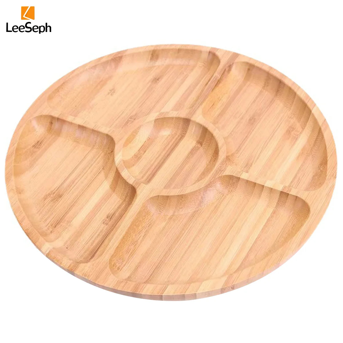 Bamboo round 5 Compartment Serving Tray, Ideal for Snacks, Fruits, Nuts, Wooden Plate with Dividers for Party Platters