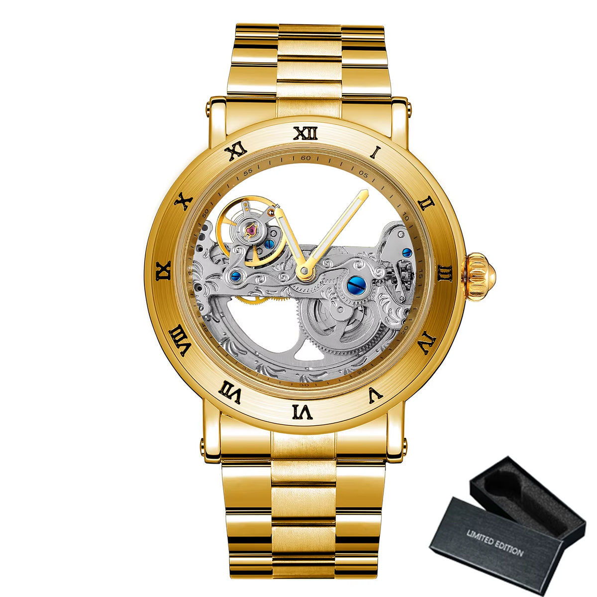 Vintage Mechanical Watches Golden Bridge Skeleton Automatic Mens Watch Luxury Genuine Leather Belt Carved Movement Luminous Hand