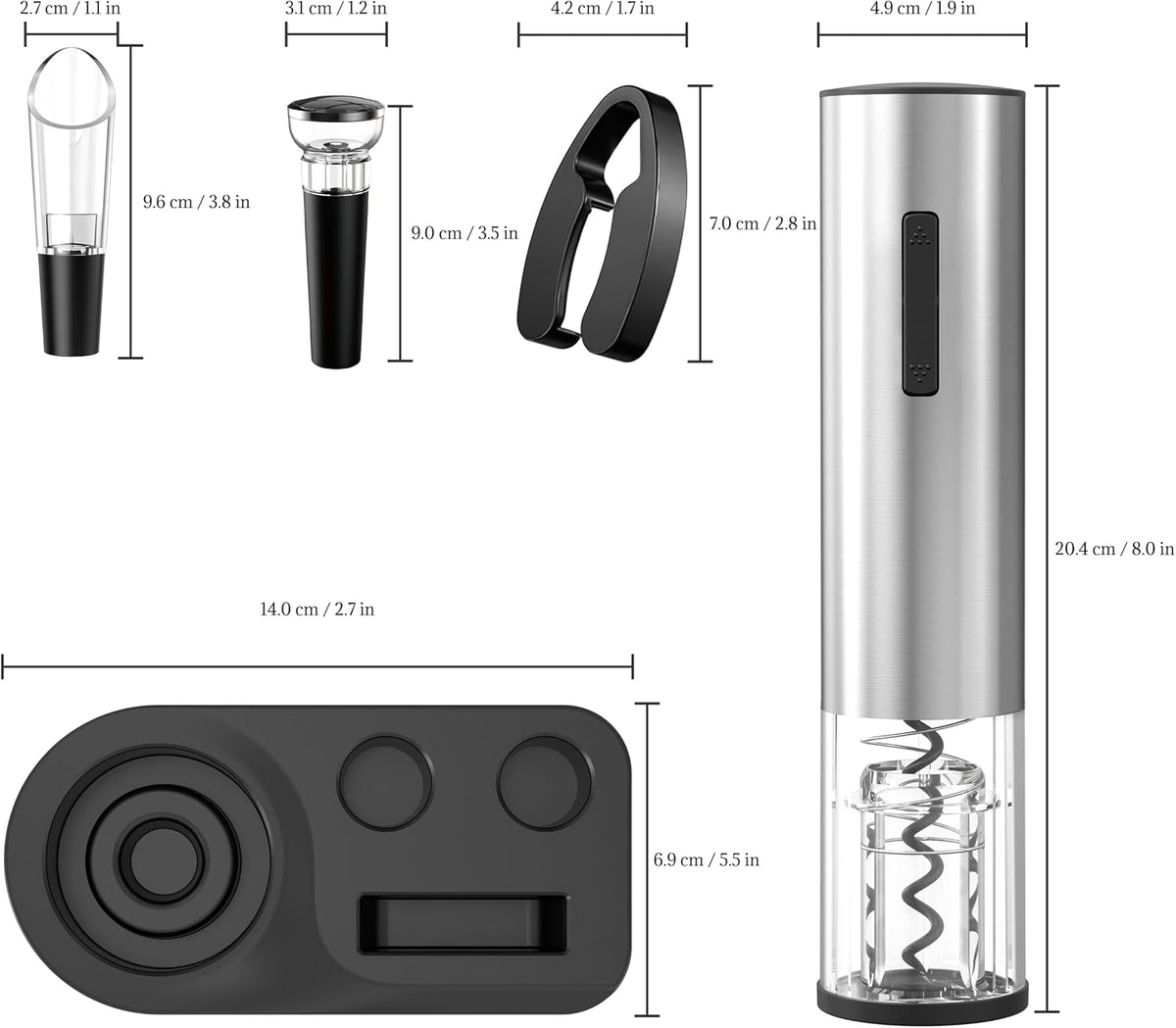 Vinolux Rechargeable Wine Opener Set – Electric Corkscrew with Foil Cutter, LED Light & Stainless Steel Shell, Wine Aerator Pourer, Vacuum Stopper & Base – Gift for Wine Lovers